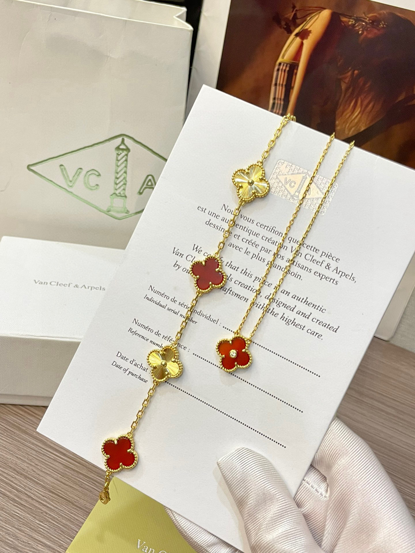 Van Cleef & Arpels Five-Flower Natural Red Carnelian Bracelet Set - LuxuryEva