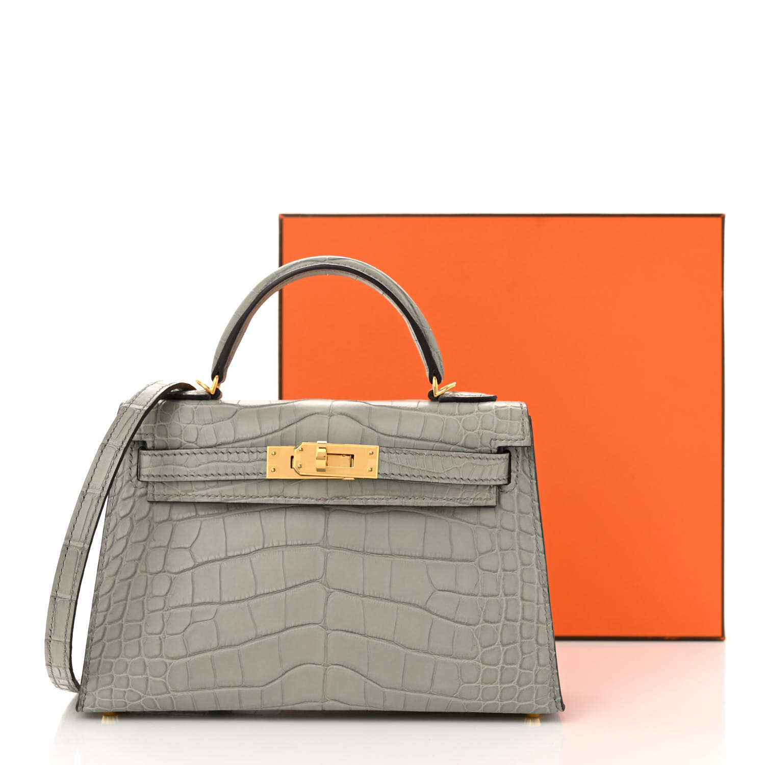 Matte Alligator Mini Kelly Sellier 20 Gris Ciment - LuxuryEva