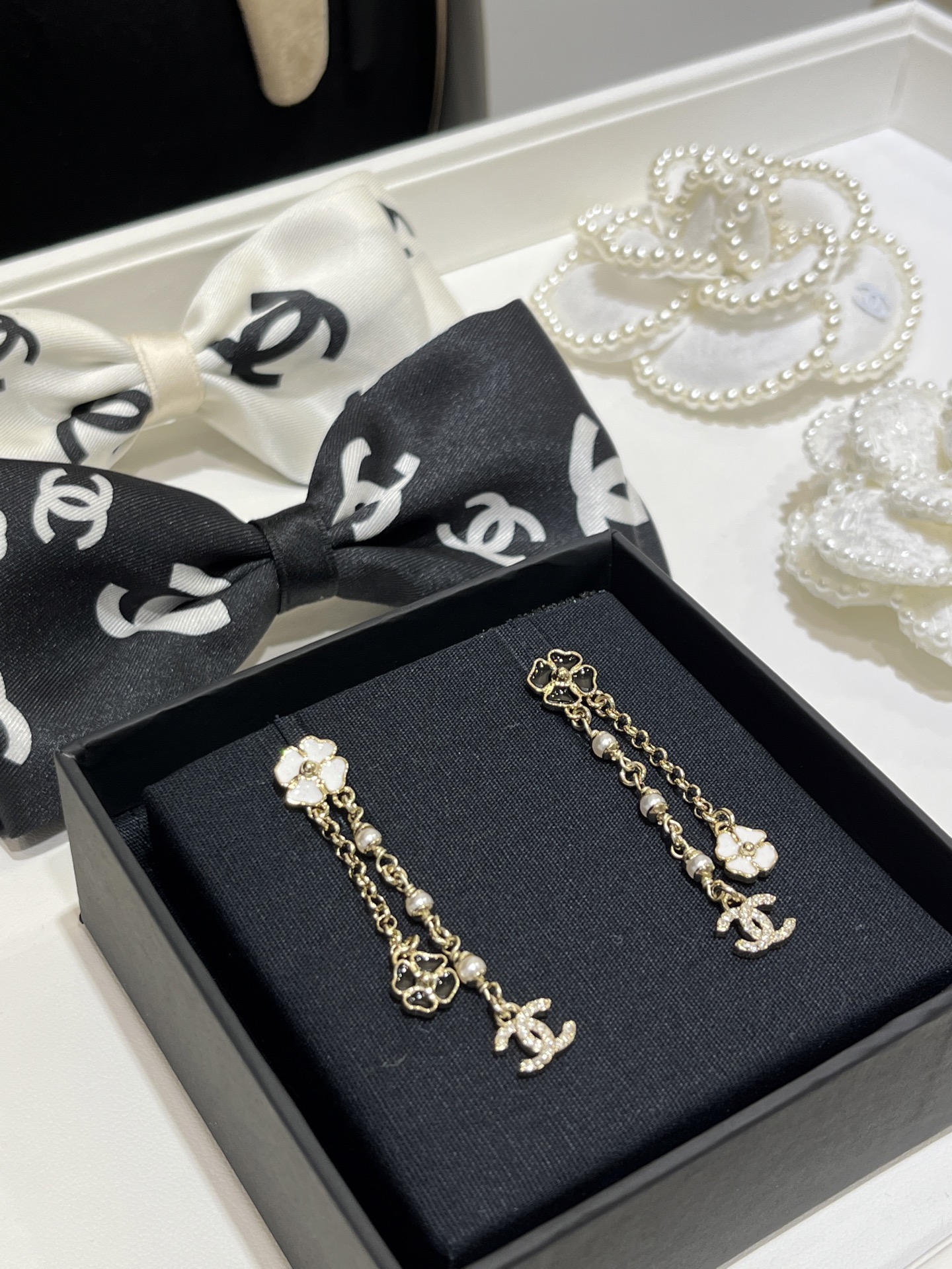 CHANEL 25P New Black & White Enamel Mini Clover & Camellia Double C Drop Earrings - LuxuryEva
