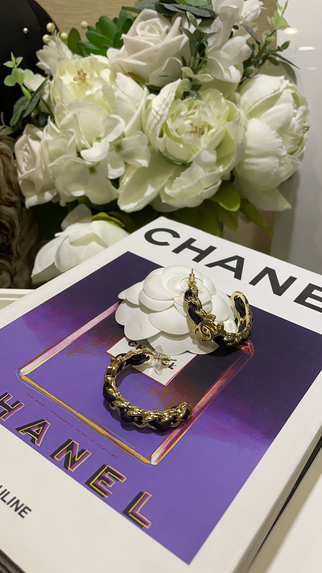 CHANEL 24K New Gold Double C Hoop Earrings with Leather-Woven Chain - LuxuryEva