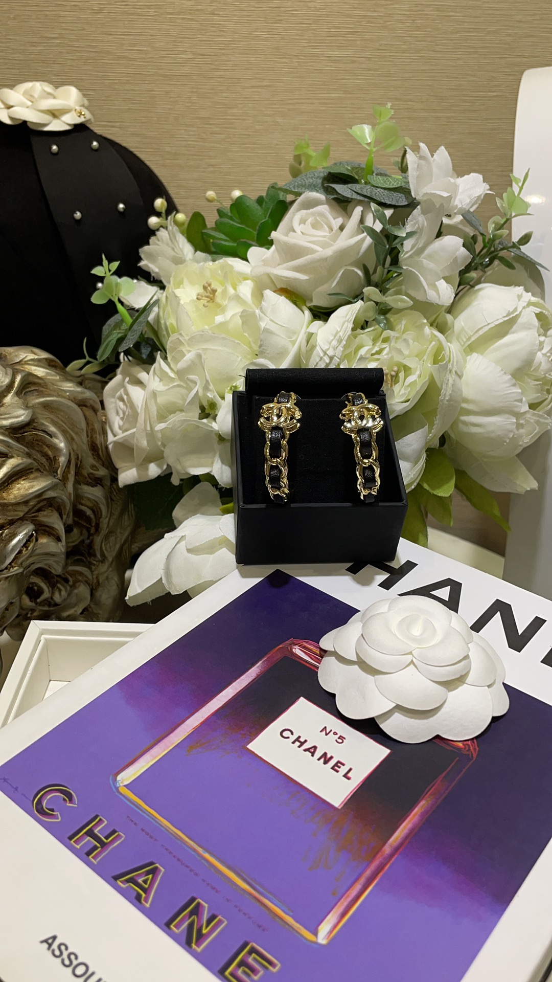 CHANEL 24K New Gold Double C Hoop Earrings with Leather-Woven Chain - LuxuryEva