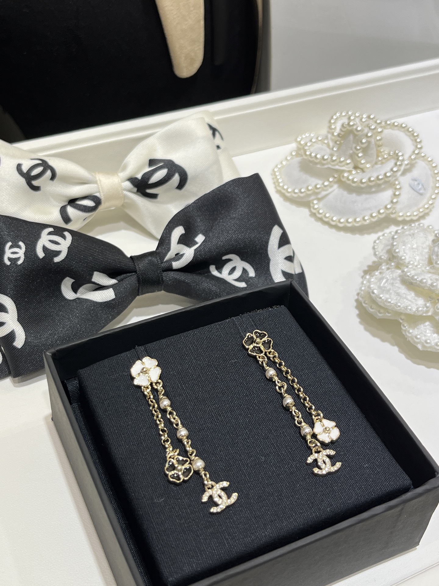 CHANEL 25P New Black & White Enamel Mini Clover & Camellia Double C Drop Earrings - LuxuryEva