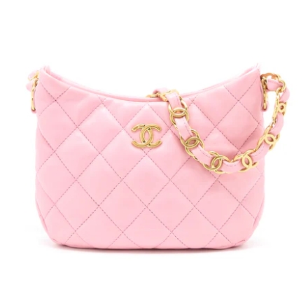 CHANEL 22K HOBO BAG LOGO CHAIN LAMBSKIN PINK GHW - LuxuryEva