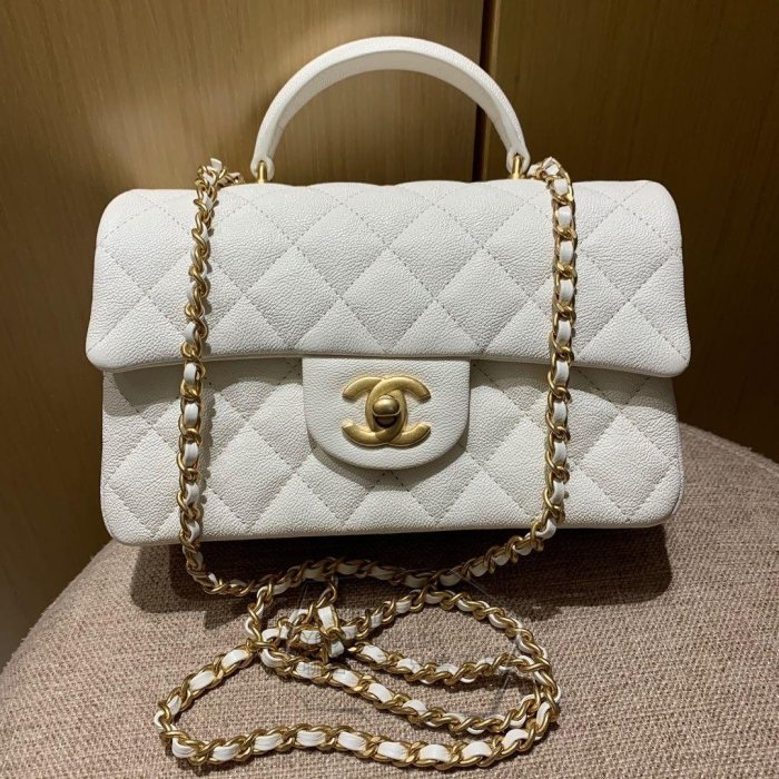 Iridescent Caviar Quilted Mini Top Handle Rectangular Flap White - LuxuryEva
