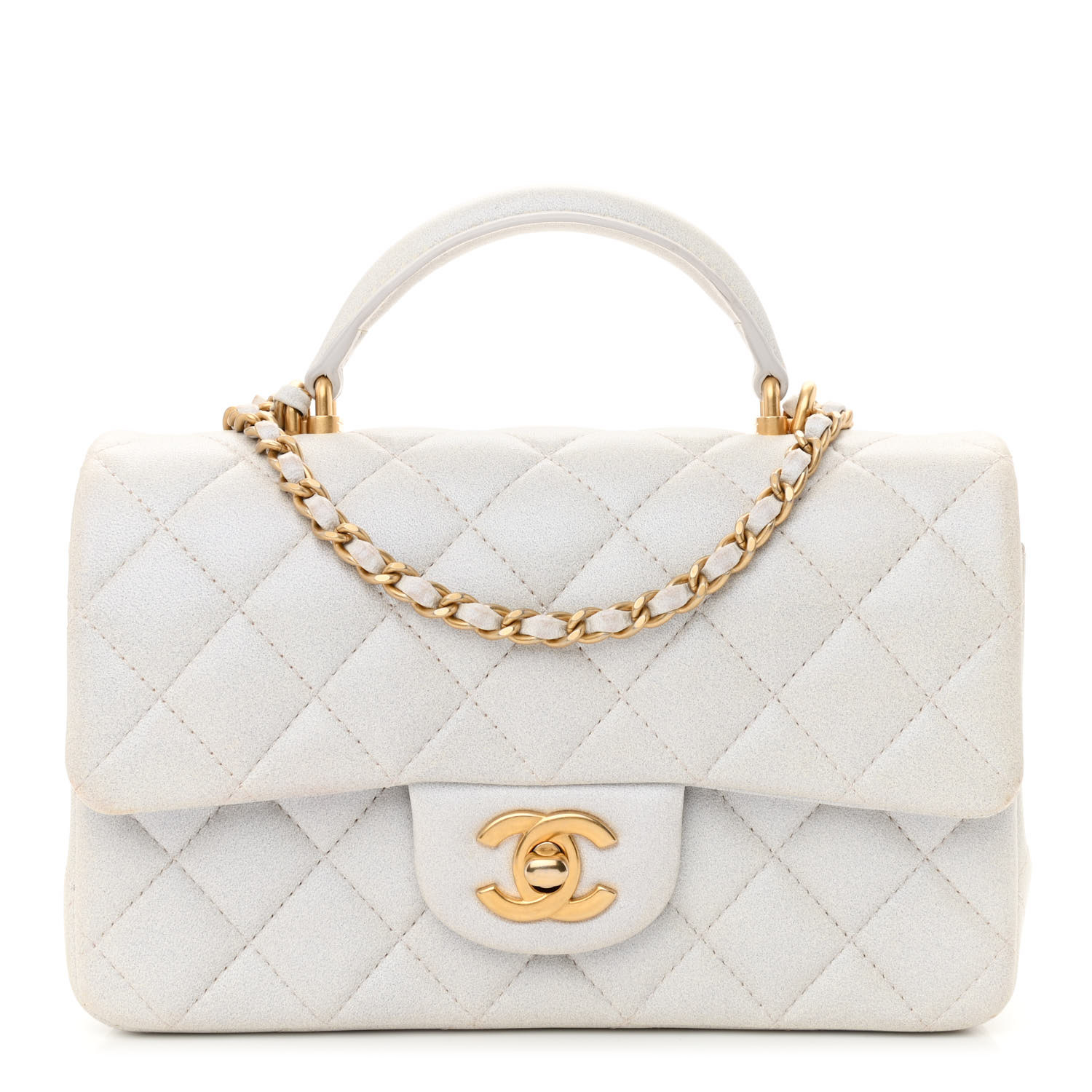 Iridescent Caviar Quilted Mini Top Handle Rectangular Flap White - LuxuryEva