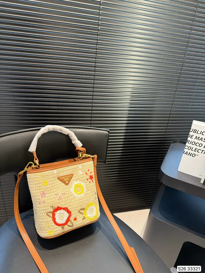 Prada Woven Embroidered Bucket Bag - LuxuryEva