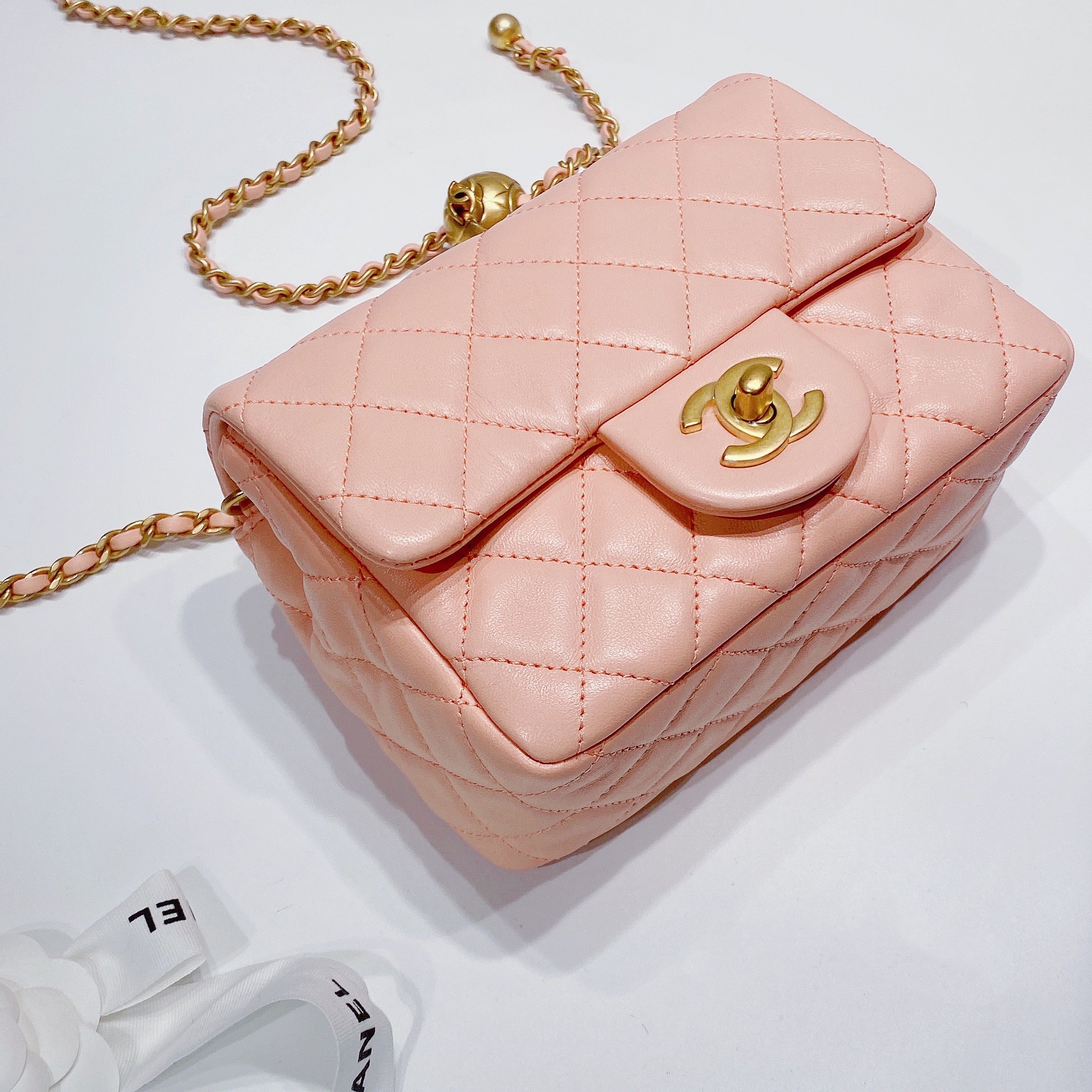 Lambskin Quilted CC Pearl Crush Mini Flap Pink - LuxuryEva