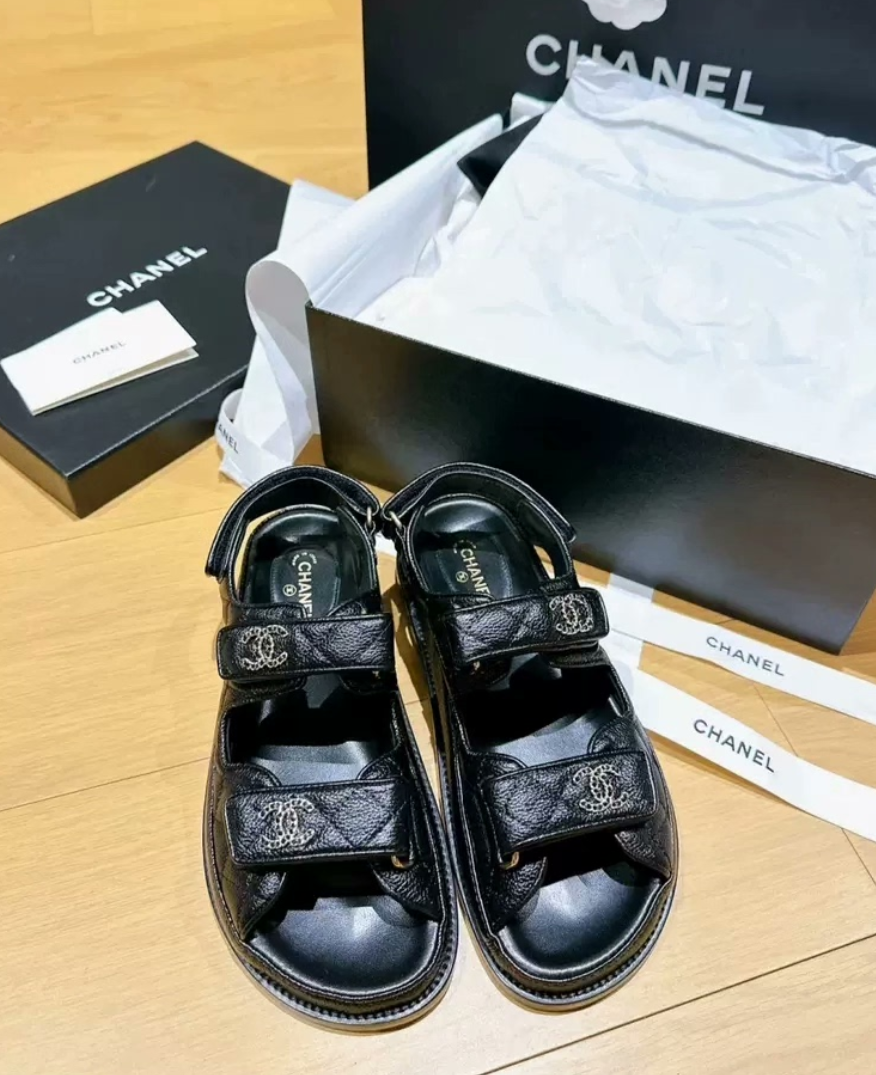 Chanel Sandals   Grained Calfskin  Black - LuxuryEva