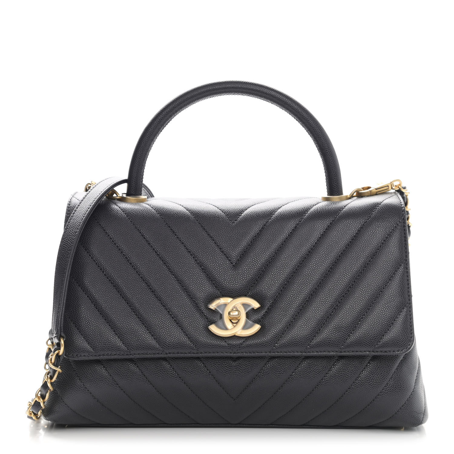 Caviar Chevron Quilted Small Coco Handle Flap Dark Grey - LuxuryEva