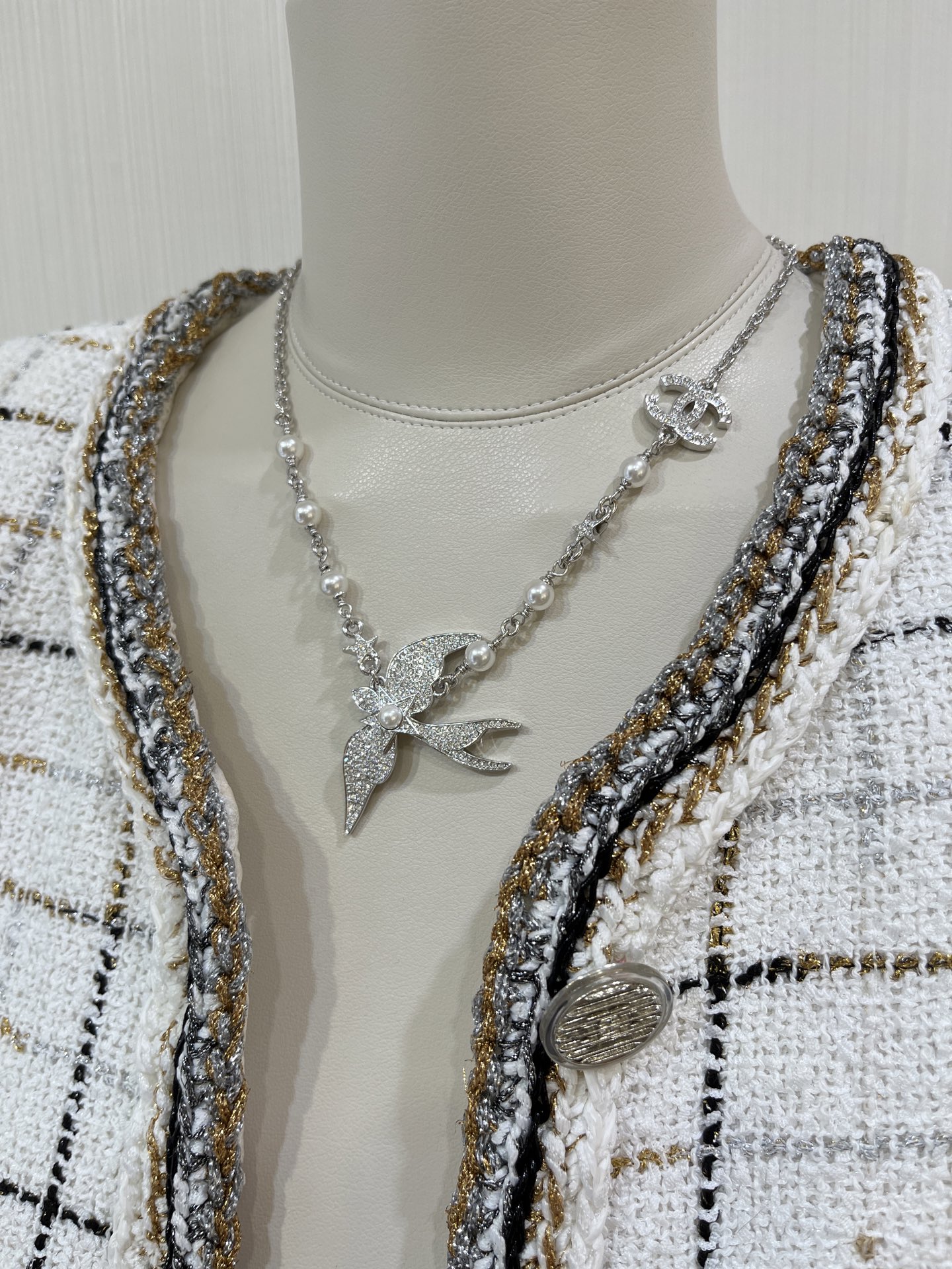 CHANEL 25S New Silver Bird-Inspired Double C Pearl Necklace - LuxuryEva
