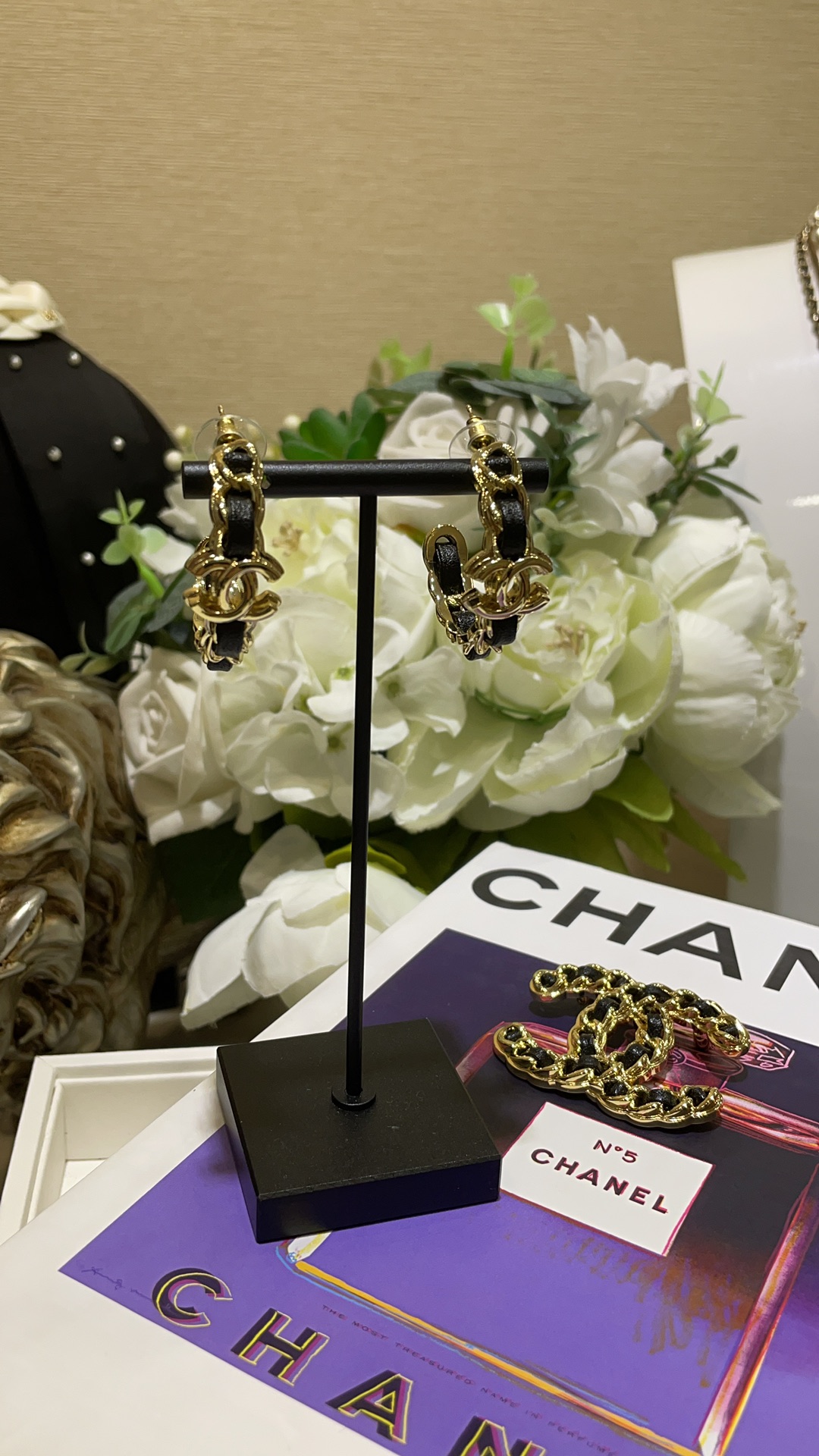 CHANEL 24K New Gold Double C Hoop Earrings with Leather-Woven Chain - LuxuryEva