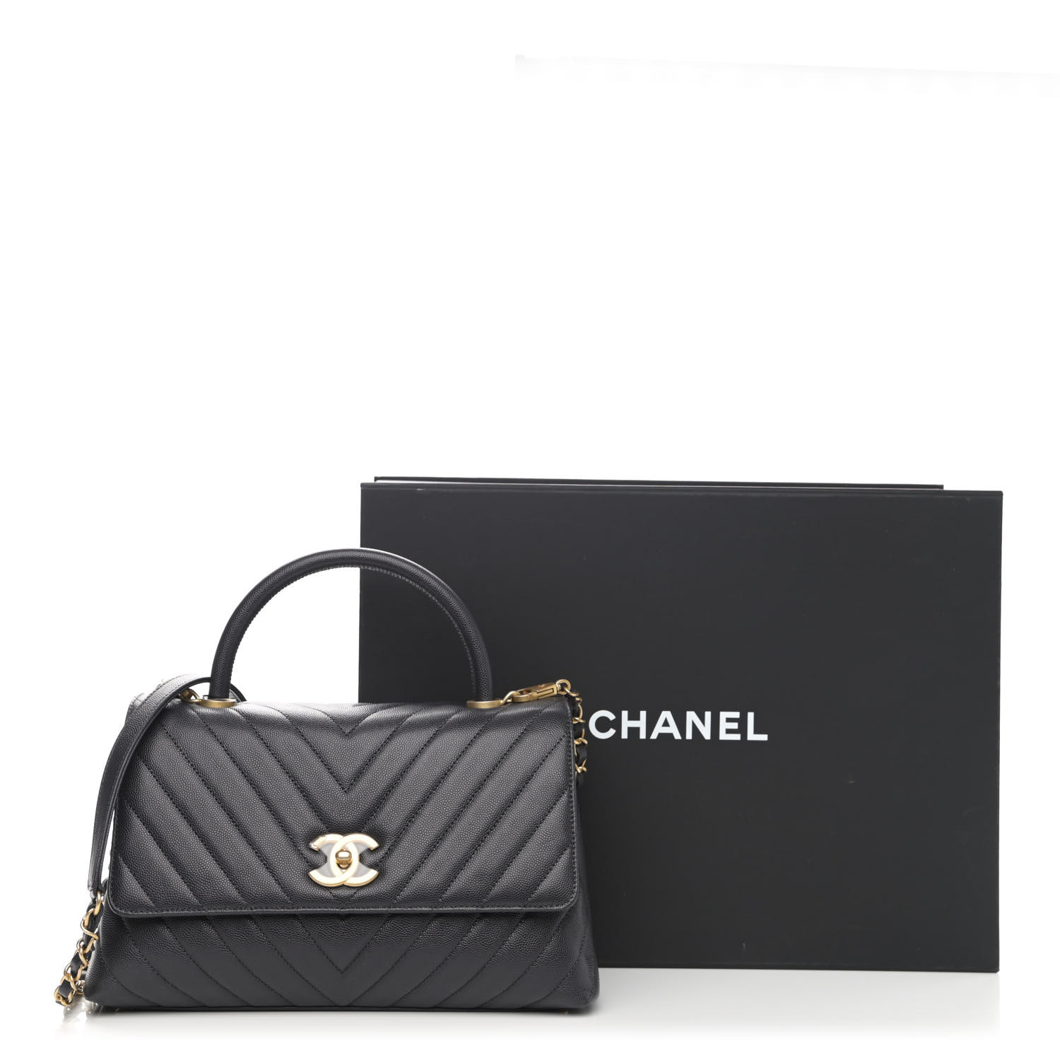 Caviar Chevron Quilted Small Coco Handle Flap Dark Grey - LuxuryEva