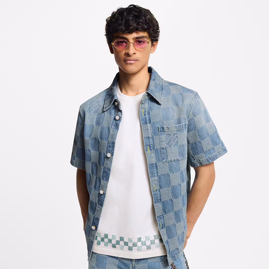 1AHVZ2 Damier 3D Light Denim Short-Sleeved Shirt - LuxuryEva
