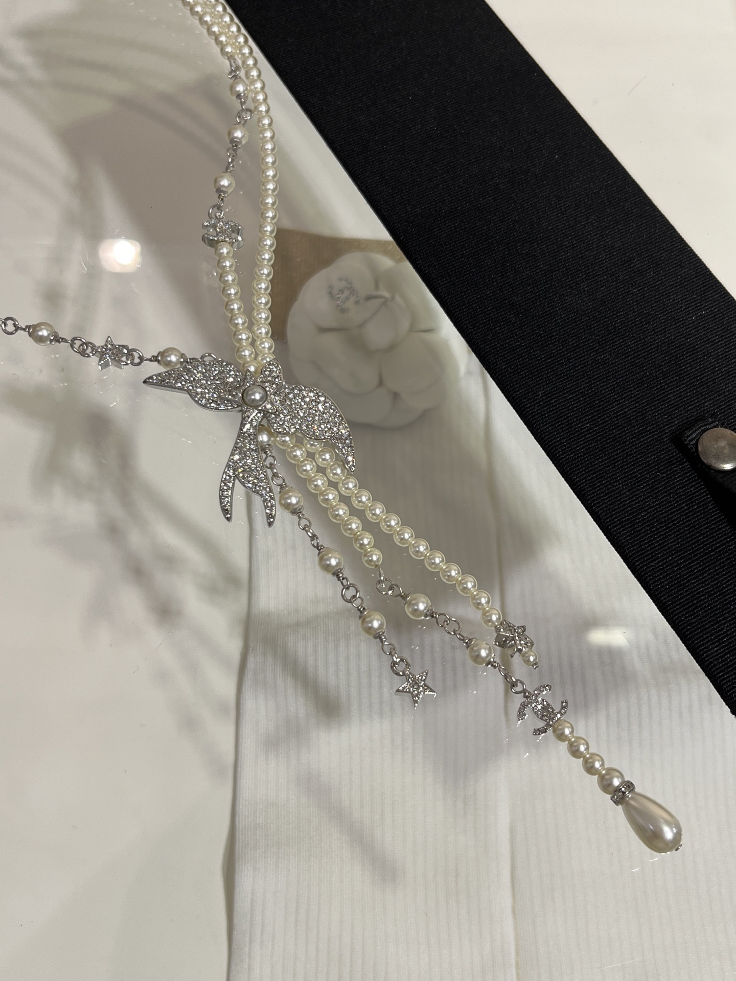 CHANEL 25S New Silver Bird-Inspired Double C Pearl Necklace / Sweater Chain - LuxuryEva