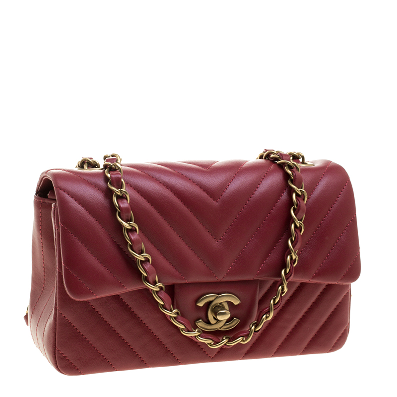 Dark Red Chevron Leather New Mini Classic Flap Bag - LuxuryEva