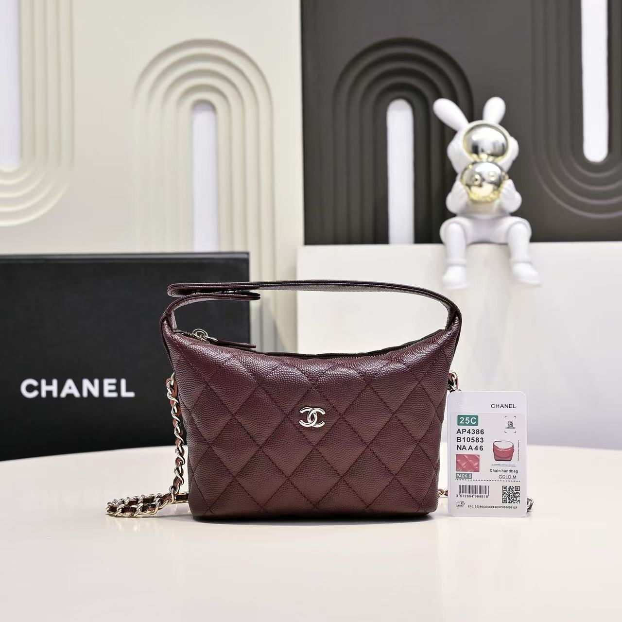 Chanel 25C Quilted Chain Hobo Caviar-deep cocoa - LuxuryEva