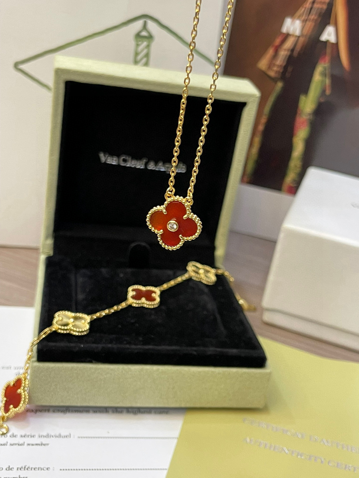 Van Cleef & Arpels Five-Flower Natural Red Carnelian Bracelet Set - LuxuryEva
