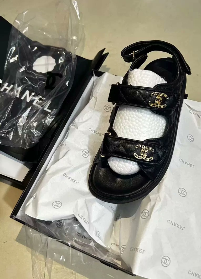 Chanel Sandals   Grained Calfskin  Black - LuxuryEva