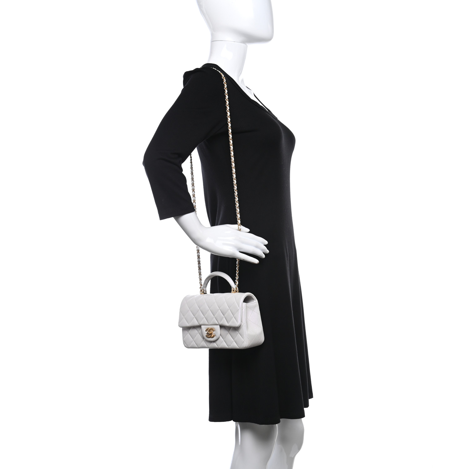 Iridescent Caviar Quilted Mini Top Handle Rectangular Flap White - LuxuryEva