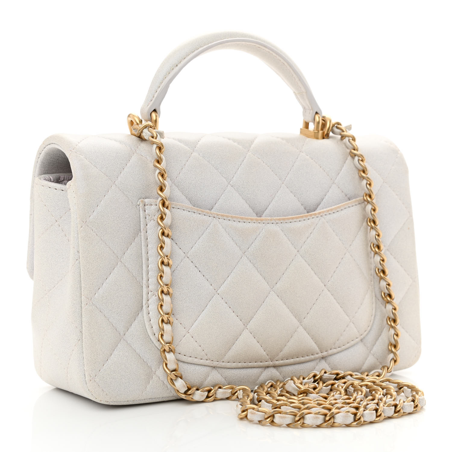 Iridescent Caviar Quilted Mini Top Handle Rectangular Flap White - LuxuryEva