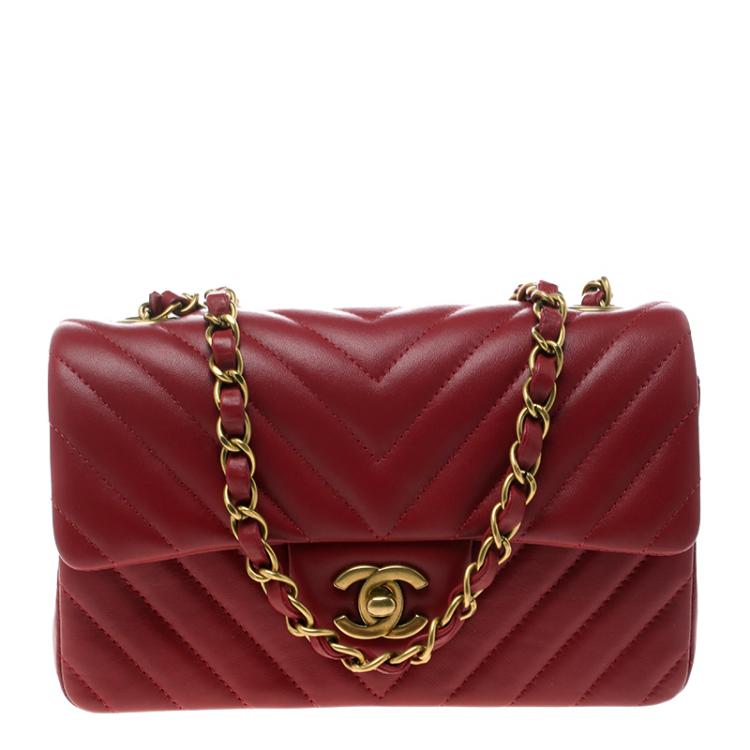 Dark Red Chevron Leather New Mini Classic Flap Bag - LuxuryEva