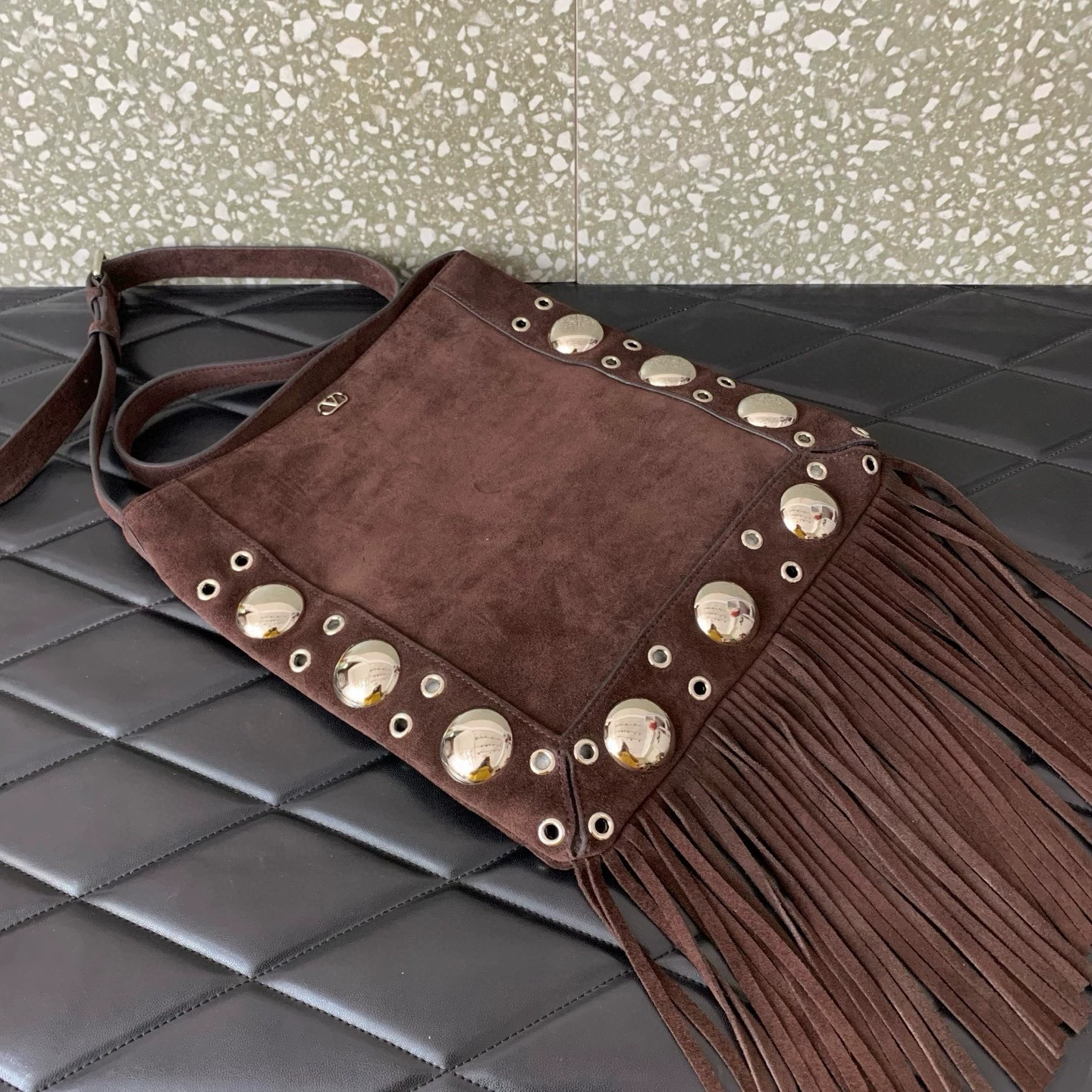 Valentino Garavani Nellcôte Suede Shoulder Bag With Fringes - LuxuryEva