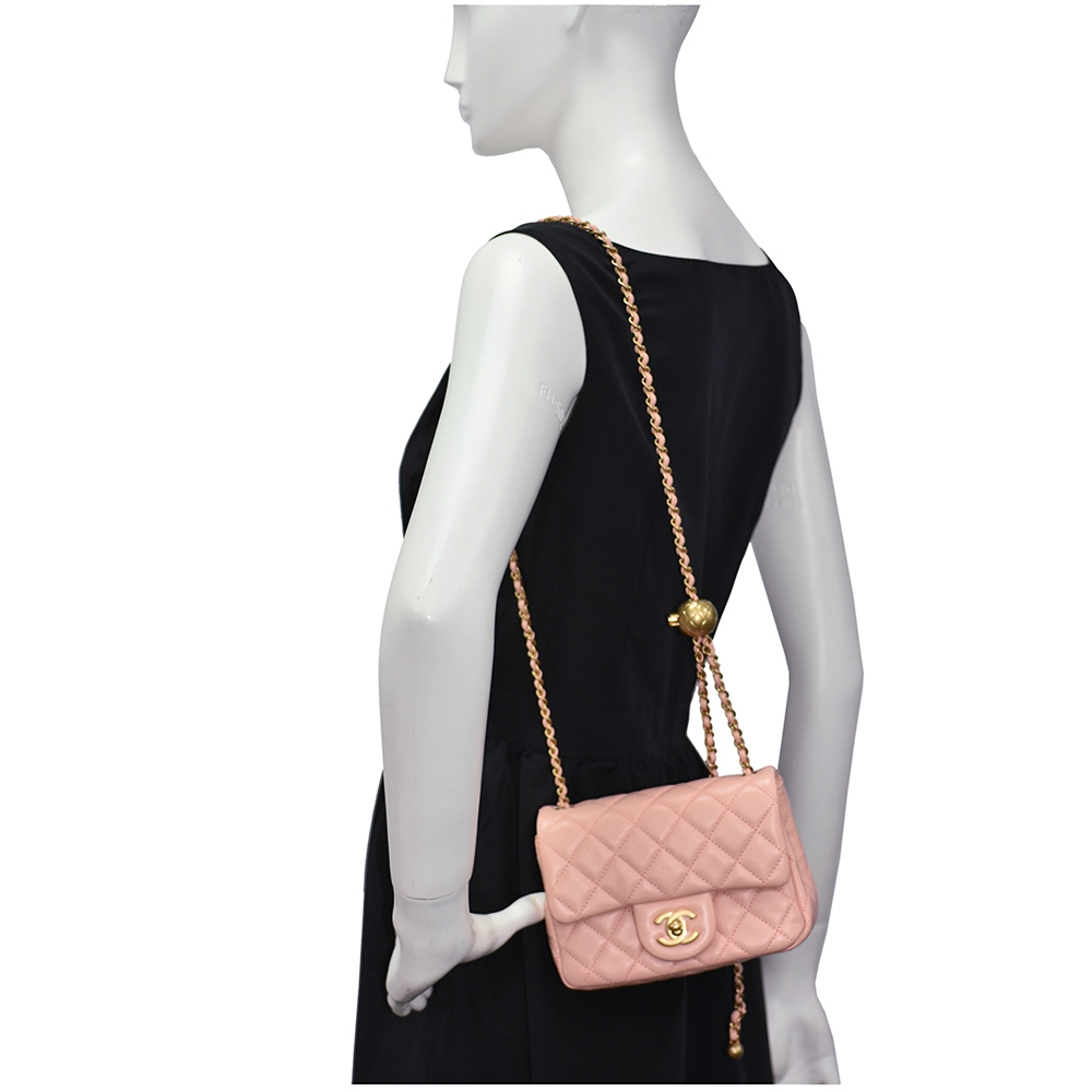 Lambskin Quilted CC Pearl Crush Mini Flap Pink - LuxuryEva