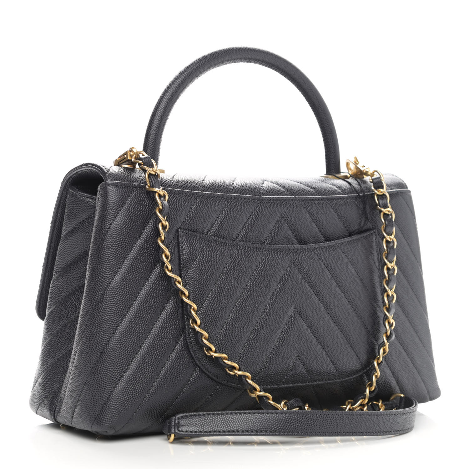 Caviar Chevron Quilted Small Coco Handle Flap Dark Grey - LuxuryEva