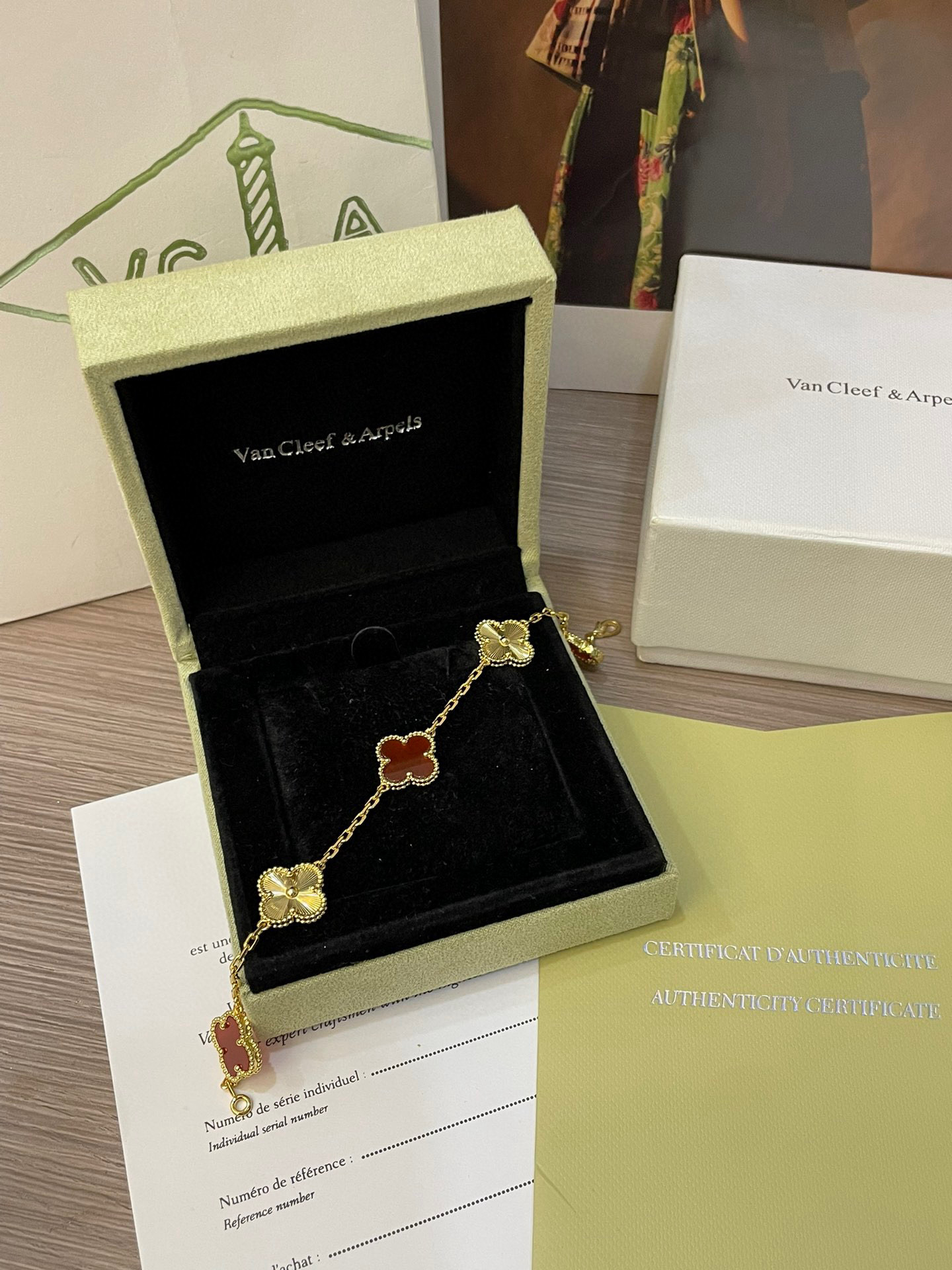 Van Cleef & Arpels Five-Flower Natural Red Carnelian Bracelet Set - LuxuryEva