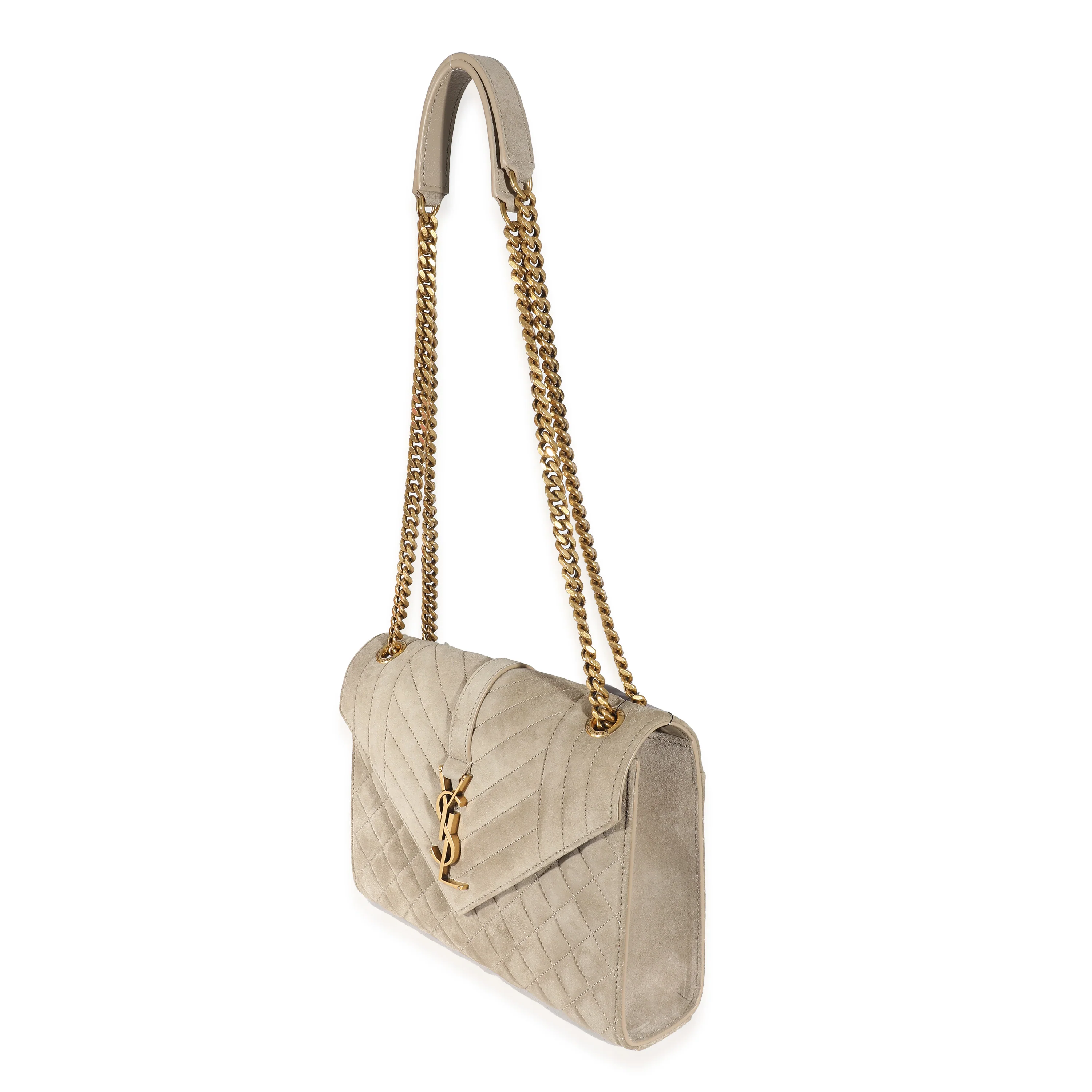 Saint Laurent Beige Suede Mixed Matelasse Triquilt Medium Monogram Envelope Satc - LuxuryEva