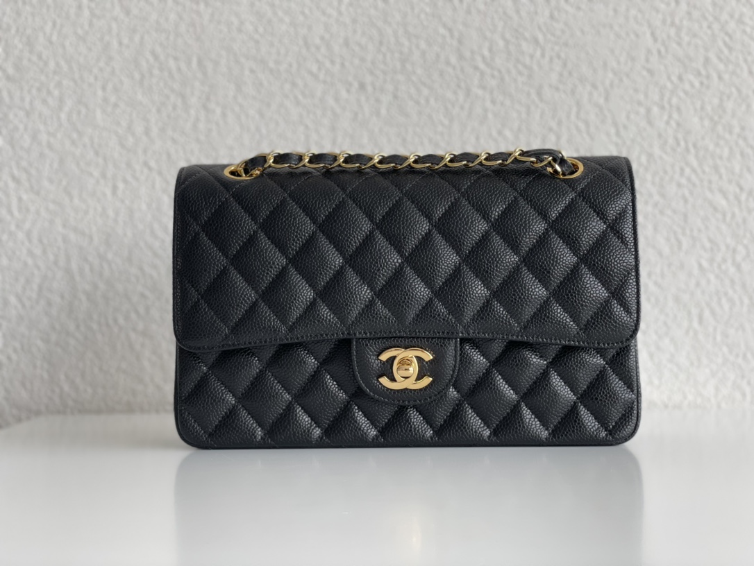 Chanel Medium Classic Double Flap Bag Black Quilted Caviar Gold Hardware - LuxuryEva