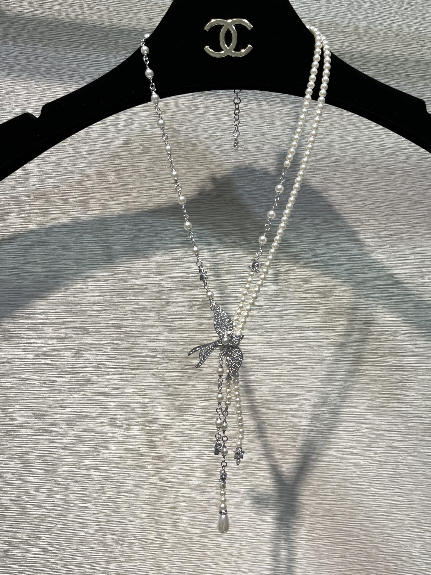 CHANEL 25S New Silver Bird-Inspired Double C Pearl Necklace / Sweater Chain - LuxuryEva