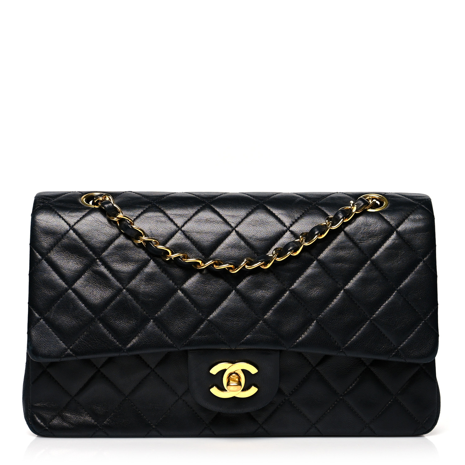 Lambskin Quilted Medium Double Flap Black - LuxuryEva