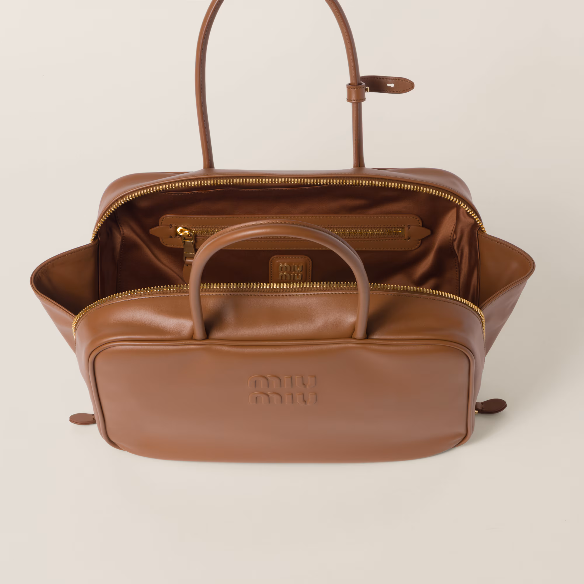 MIUMIU Leather Beau bag Large-Cognac - LuxuryEva