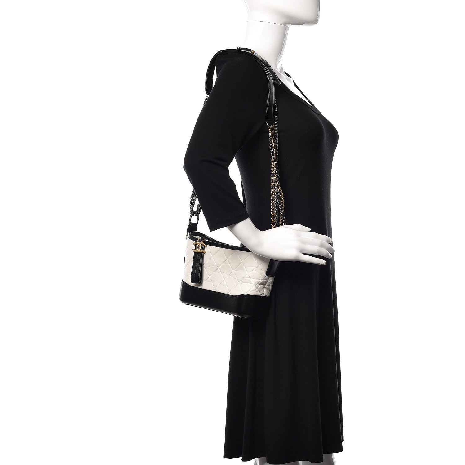 Aged Calfskin Quilted Small Gabrielle Hobo Black White - LuxuryEva