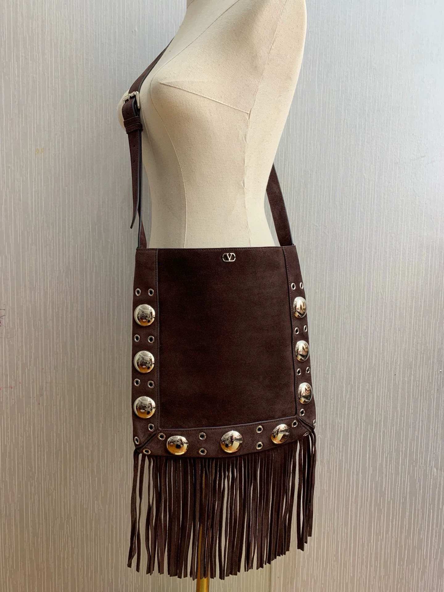 Valentino Garavani Nellcôte Suede Shoulder Bag With Fringes - LuxuryEva