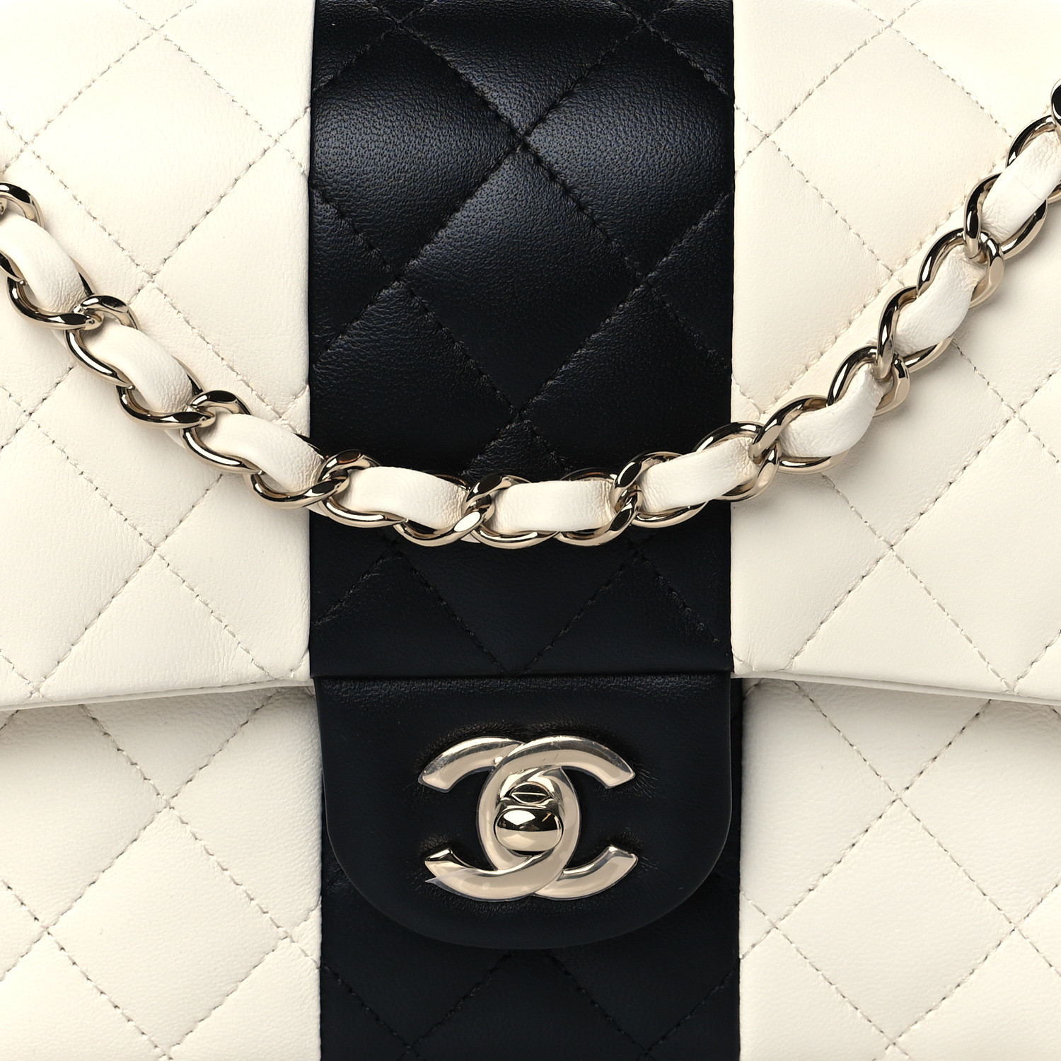 Lambskin Quilted Medium Double Flap Black White - LuxuryEva