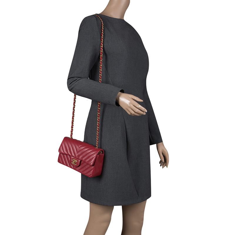 Dark Red Chevron Leather New Mini Classic Flap Bag - LuxuryEva