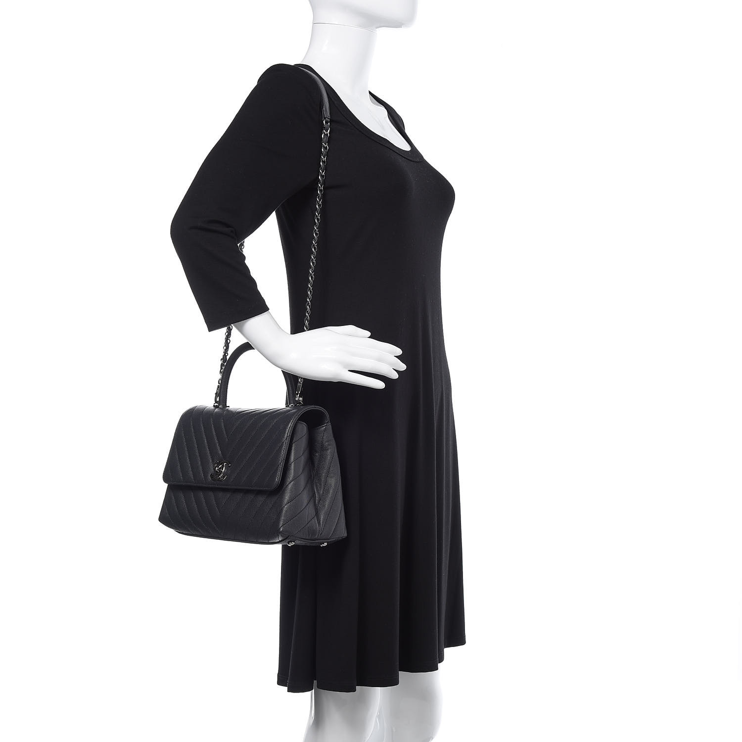Caviar Chevron Quilted Small Coco Handle Flap Dark Grey - LuxuryEva