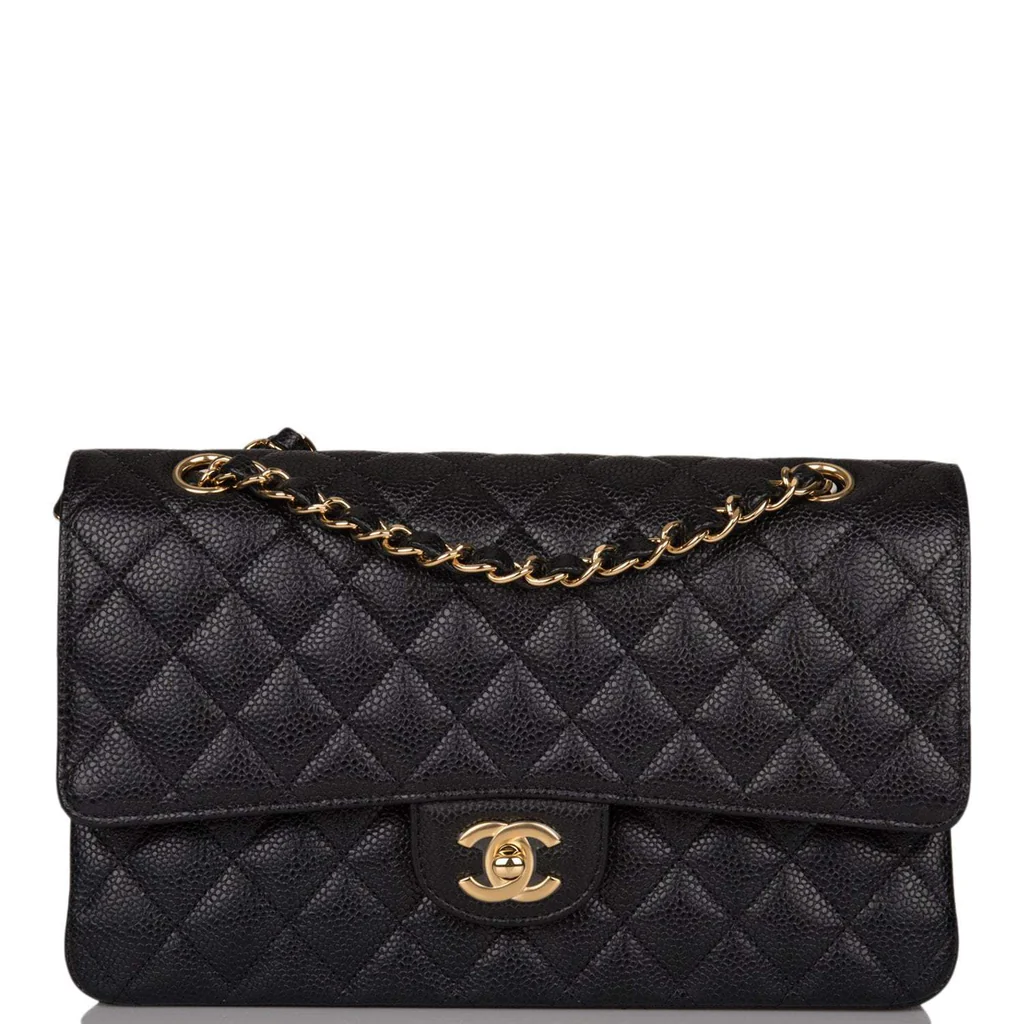 Chanel Medium Classic Double Flap Bag Black Quilted Caviar Gold Hardware - LuxuryEva