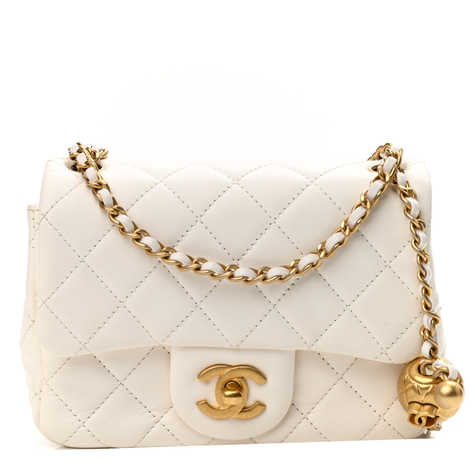 Lambskin Quilted CC Pearl Crush Mini Flap White - LuxuryEva