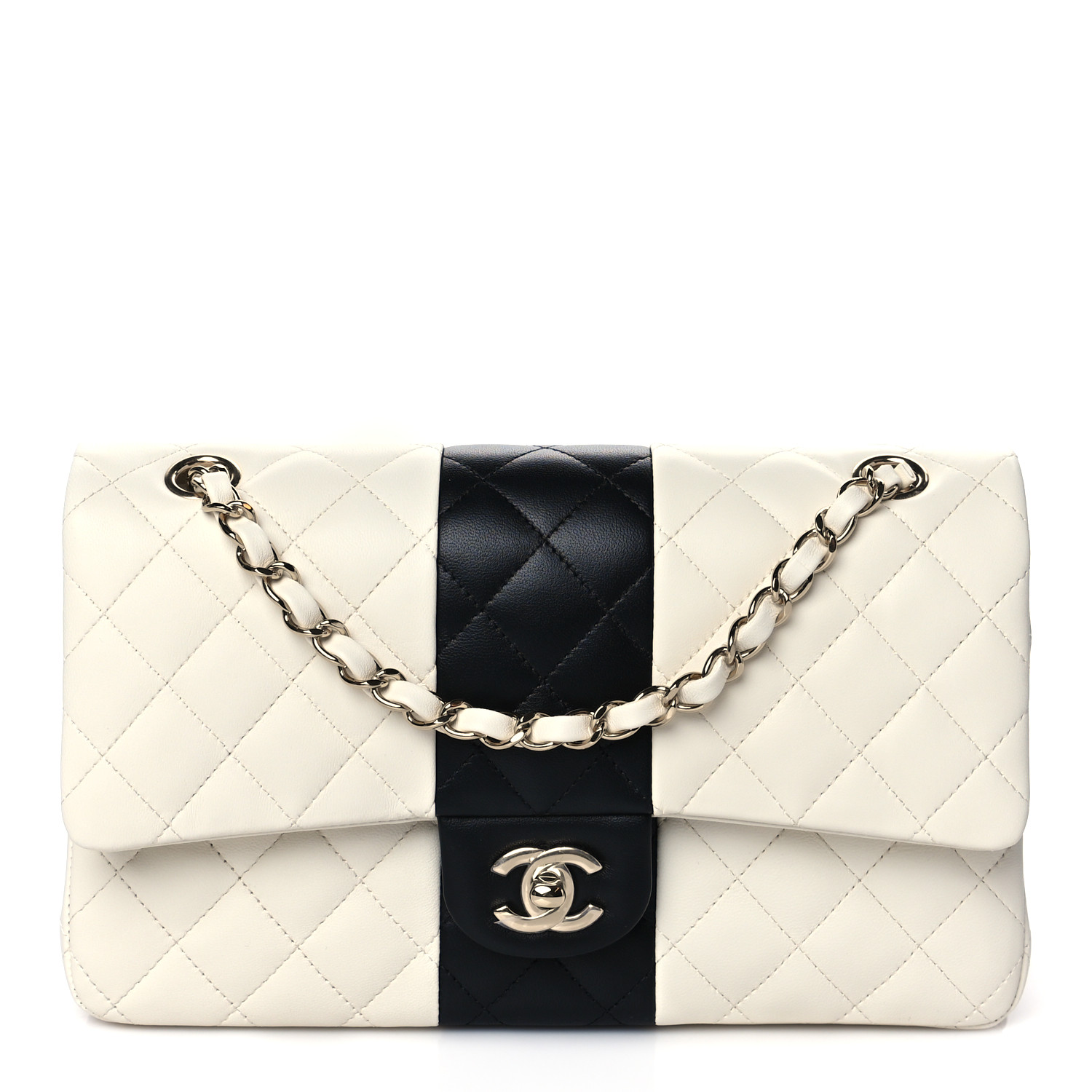 Lambskin Quilted Medium Double Flap Black White - LuxuryEva