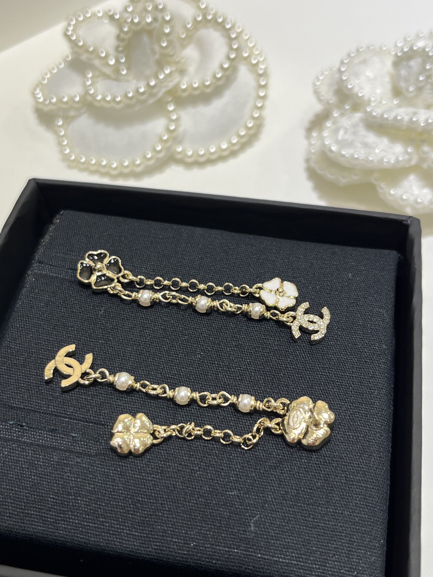 CHANEL 25P New Black & White Enamel Mini Clover & Camellia Double C Drop Earrings - LuxuryEva