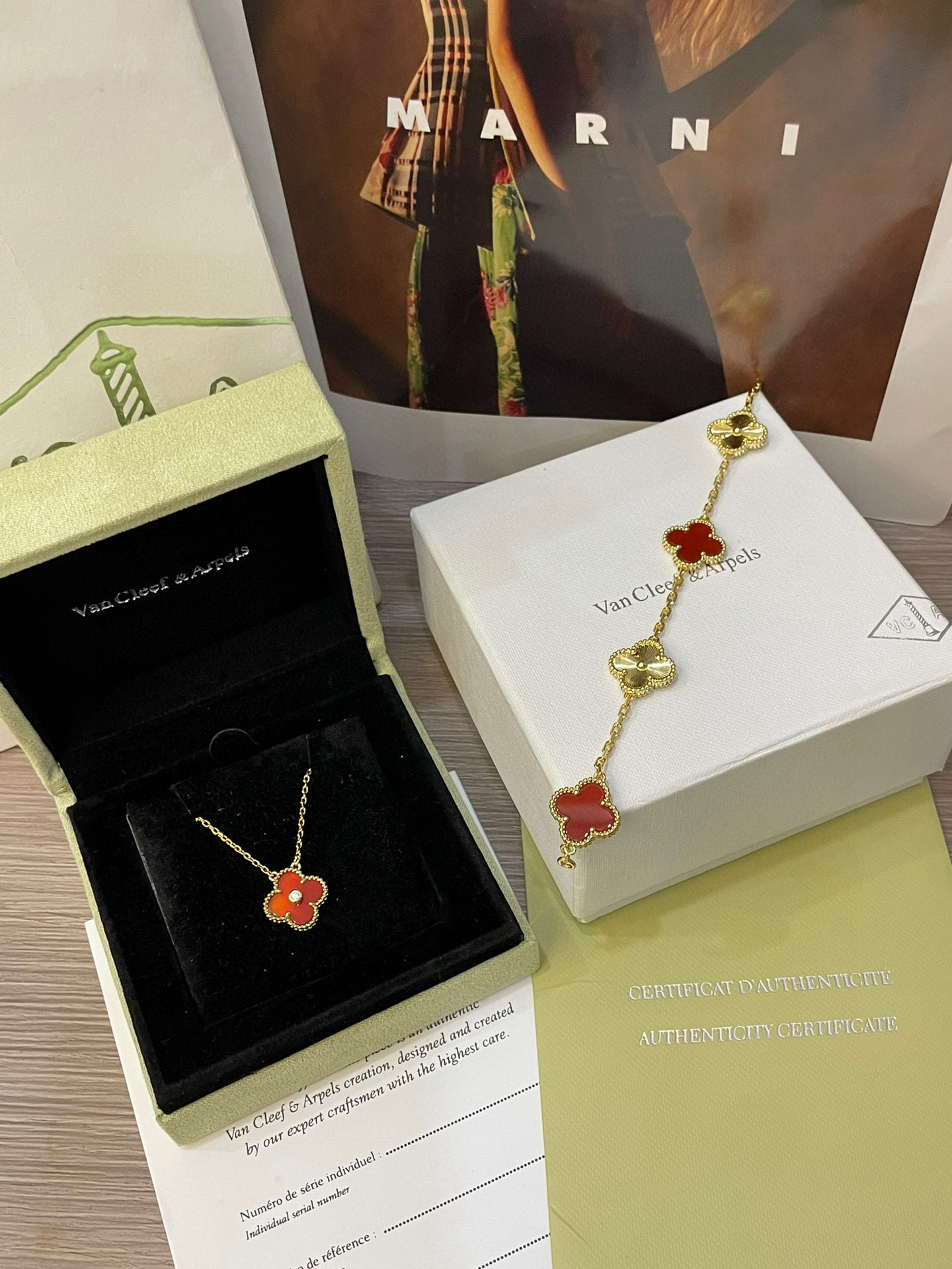 Van Cleef & Arpels Five-Flower Natural Red Carnelian Bracelet Set - LuxuryEva