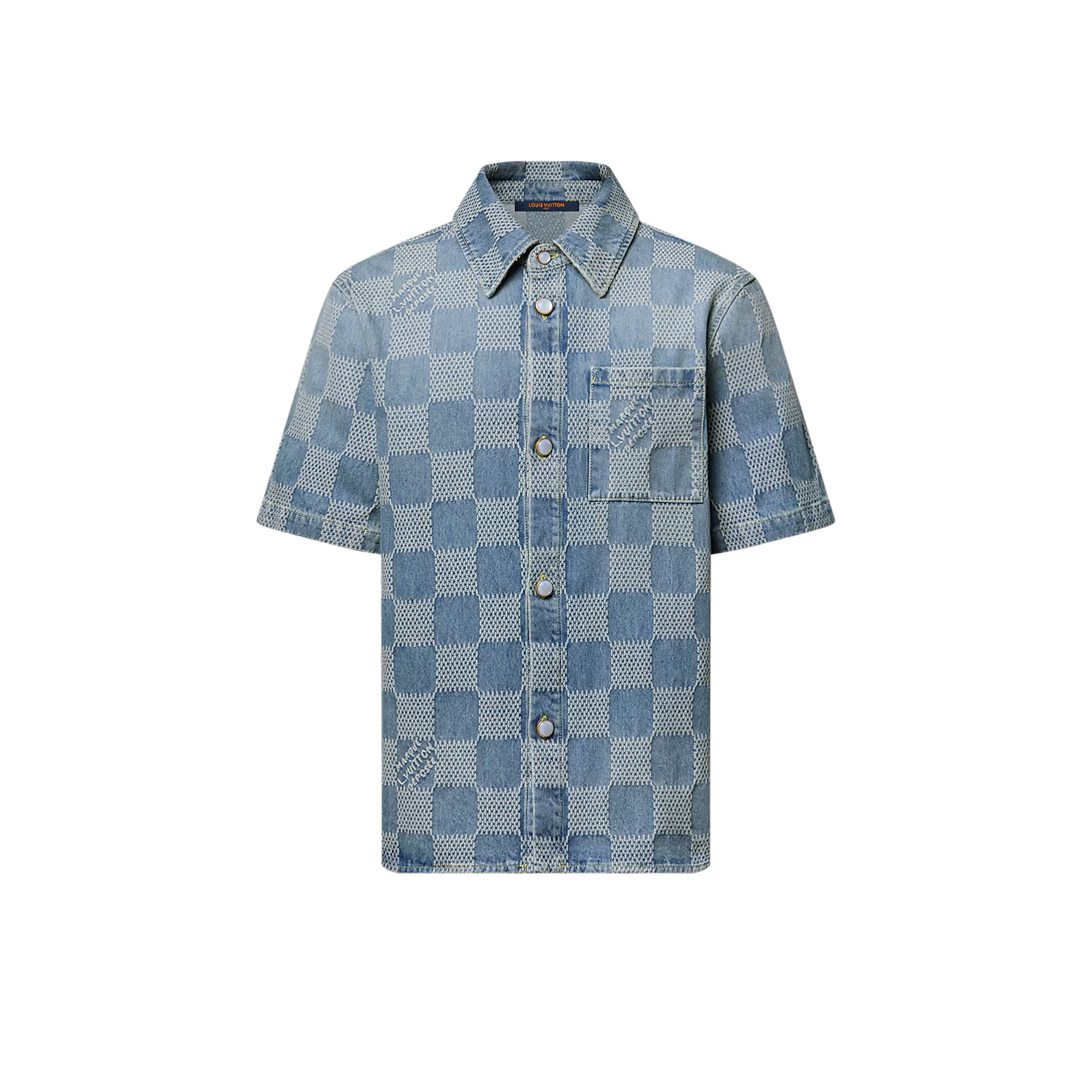 1AHVZ2 Damier 3D Light Denim Short-Sleeved Shirt - LuxuryEva
