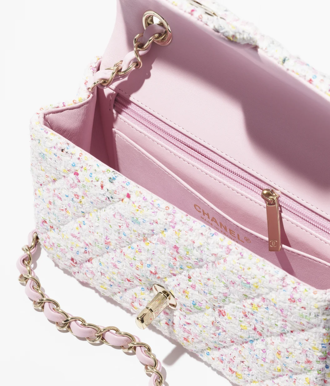 CHANEL Mini Classic Handbag-White, Blue & Pink - LuxuryEva
