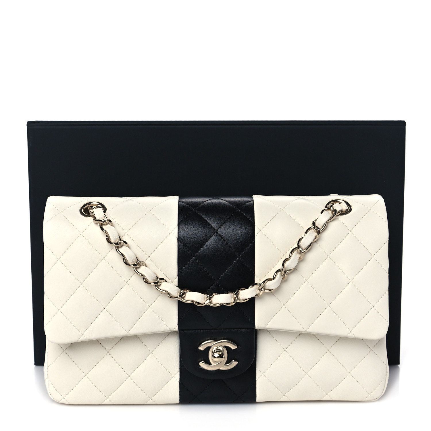Lambskin Quilted Medium Double Flap Black White - LuxuryEva