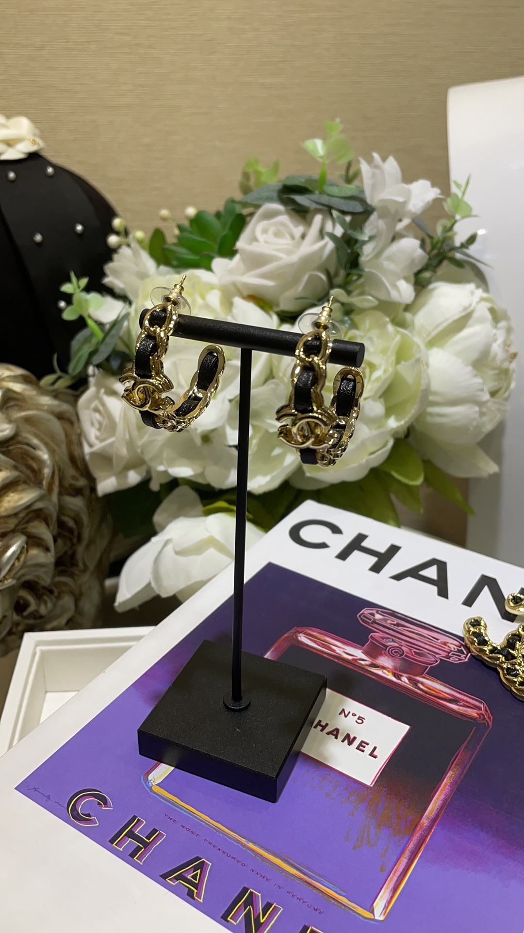 CHANEL 24K New Gold Double C Hoop Earrings with Leather-Woven Chain - LuxuryEva