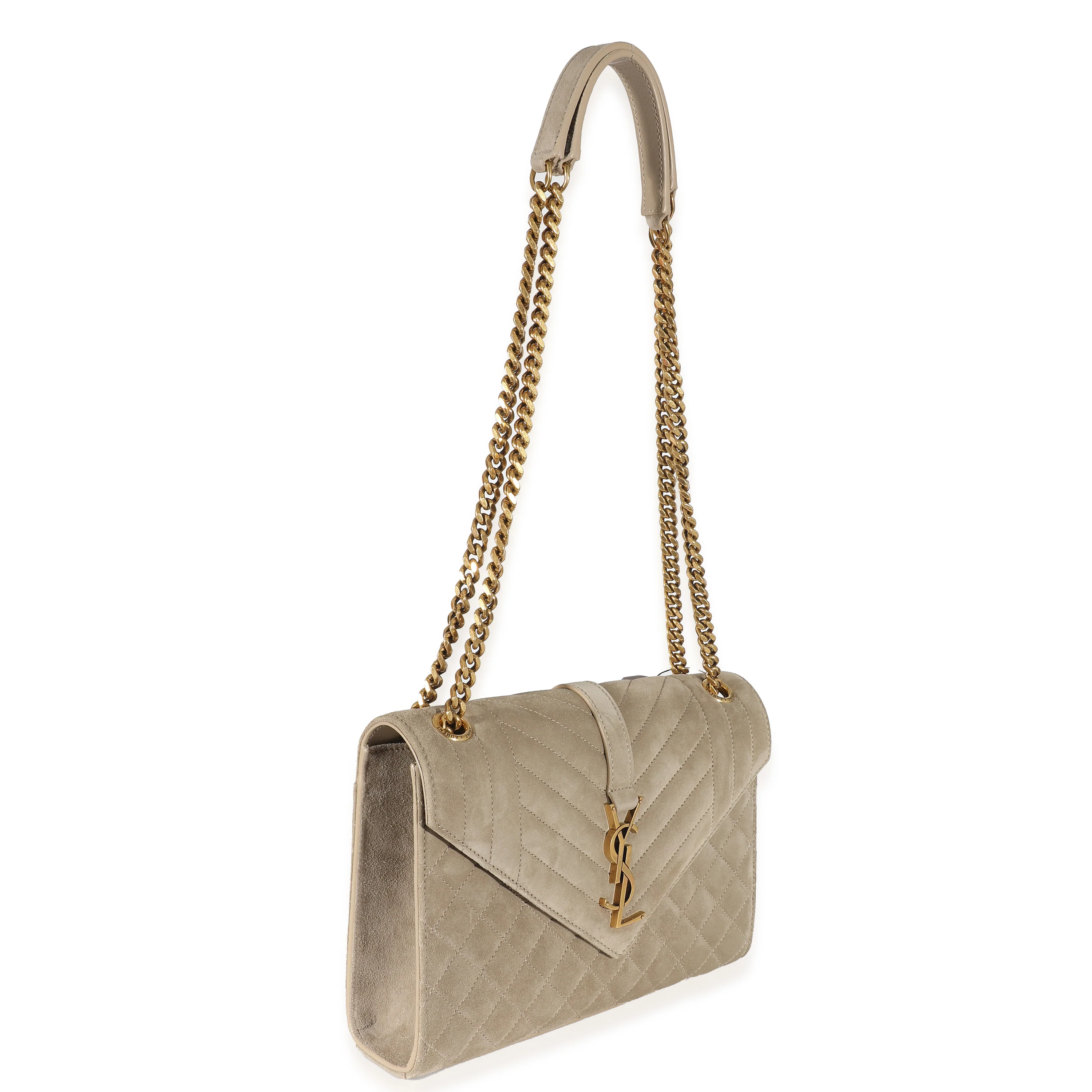 Saint Laurent Beige Suede Mixed Matelasse Triquilt Medium Monogram Envelope Satc - LuxuryEva
