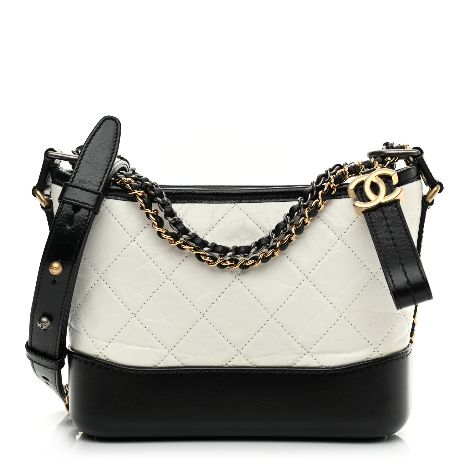 Aged Calfskin Quilted Small Gabrielle Hobo Black White - LuxuryEva